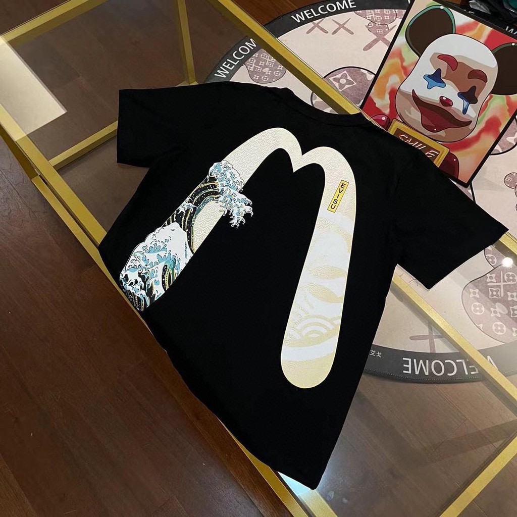 Evlsu ผู้ชายใหม่ Sakura Wave Letter ขนาดใหญ่ M พิมพ์เสื้อยืดแขนสั้น 1024