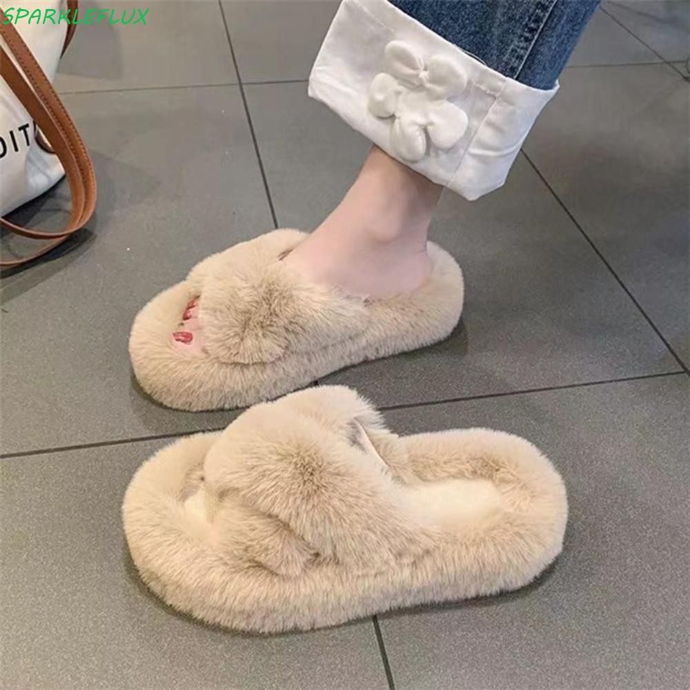 Sparkleflux รองเท้าแตะตุ๊กตาแบน,สไลด์ Anti Slip Homewear รองเท้าแตะ,นุ่มเปิดนิ้วเท้ารองเท้าชั้นรองเท้าขนสัตว์ Flip Flops ฤดูหนาว