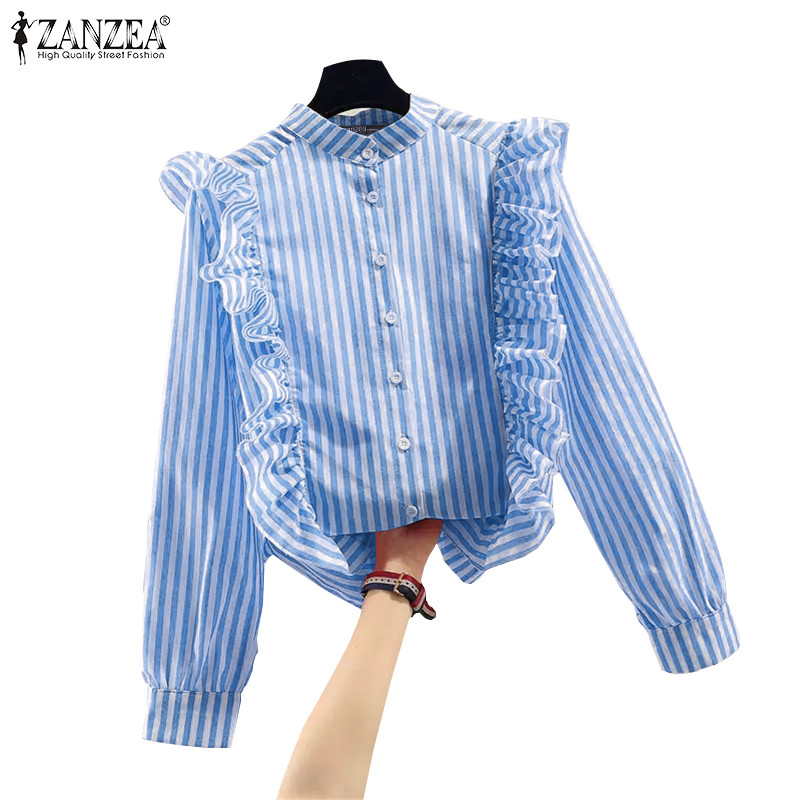Zanzea ผู้หญิงเกาหลีคอกลมแขนยาว Contrast Stripes Splicing Ruffles เสื้อรูปตัว H หลวม