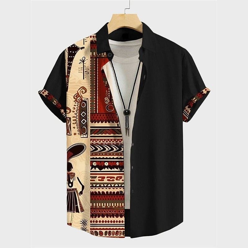 เสื้อใหม่สําหรับผู้ชาย3ง พิมพ์ชาติพันธุ์ลําลองแขนสั้นเสื้อชายหาดขนาดบวกปุ่มขึ้นปกเสื้อฮาวายหลวมย้อนยุคท็อปส์สําหรับผู้ชาย