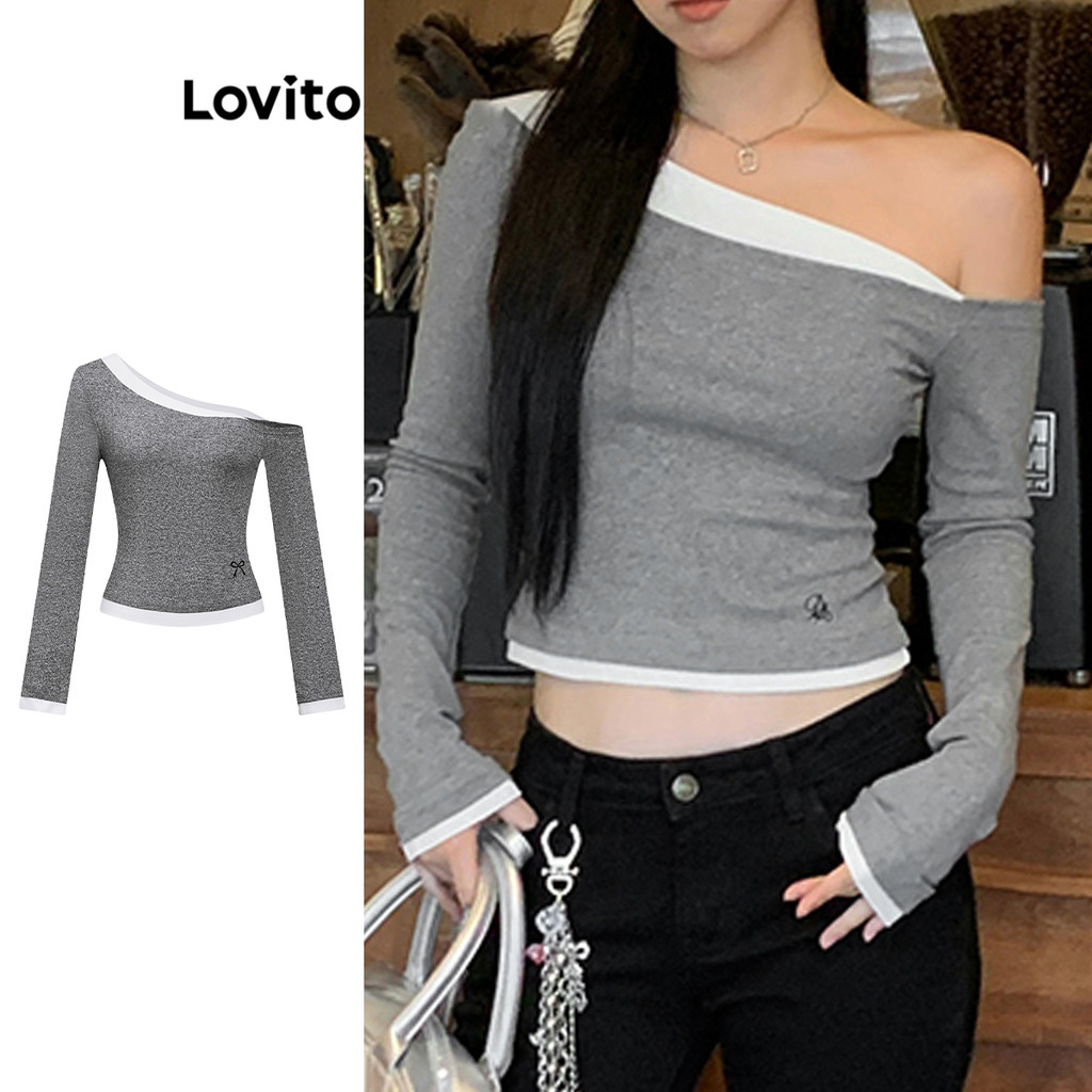 Lovito เสื้อยืดคอกลม 2 in 1 สีพื้นเรียบ สำหรับผู้หญิง LAD106791