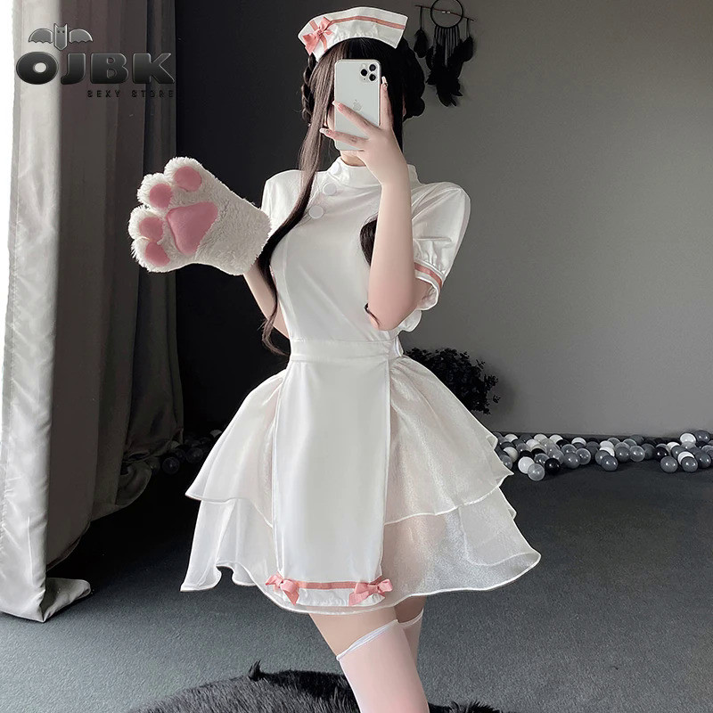MnOJBK Women Sexy Nurse Uniform Costumes Fashion Lingerie Outfit With Headpiece White Lace Backless 