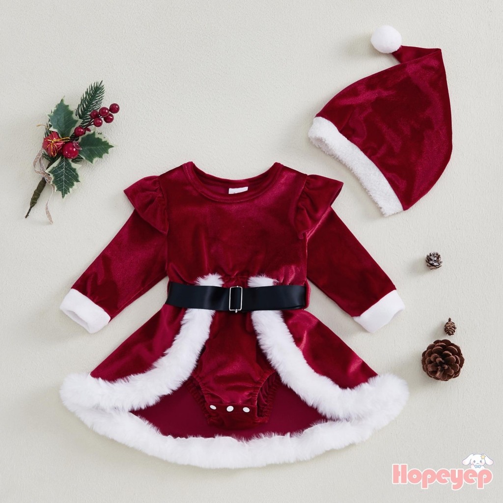 Zjtjj-ชุดรอมเปอร์กํามะหยี่สําหรับเด็กทารก Terry Trim แขนยาว Santa Jumpsuit หมวกคริสต์มาสชุดน่ารักน่ารัก