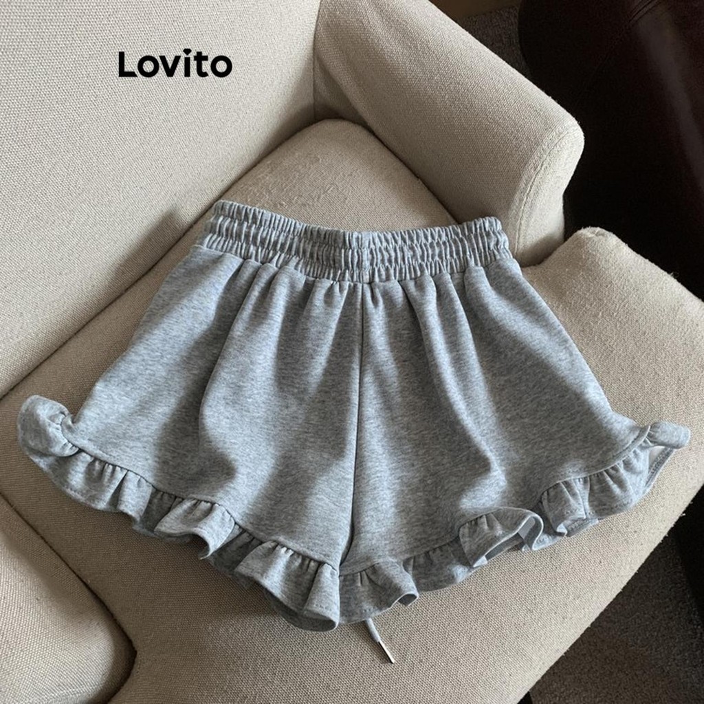 Lovito กางเกงขาสั้นผู้หญิง แบบเชือกรูด สีพื้น สไตล์ลำลอง LNA69285