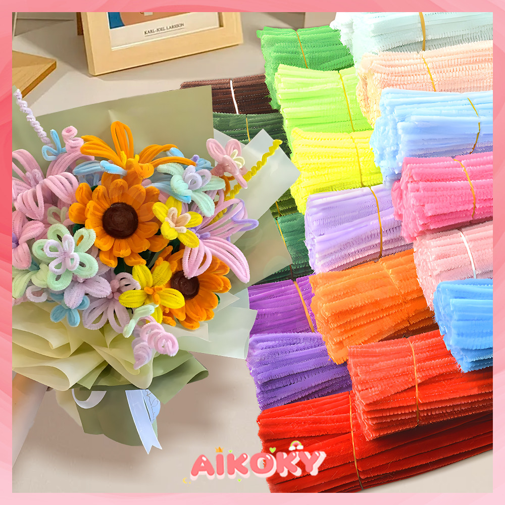 AIKOKY ลวดกำมะหยี่ เส้นขนฟู 30cm ดัดง่าย DIYงานประดิษฐ์ สำหรับงานฝีมือ ลวด100 ชิ้น กำมะหยี่หนาพิเศษ