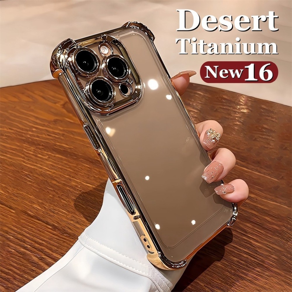 Desert Gold ไทเทเนียมชุบเคสโทรศัพท์สําหรับ iPhone 16 Pro Max 12 13 14 15 Pro Max 16 Plus พร้อมเลนส์กล้องป้องกันฟิล์มปลอกโปร่งใสกันกระแทกถุงลมนิรภัยฮาร์ดปกหลัง