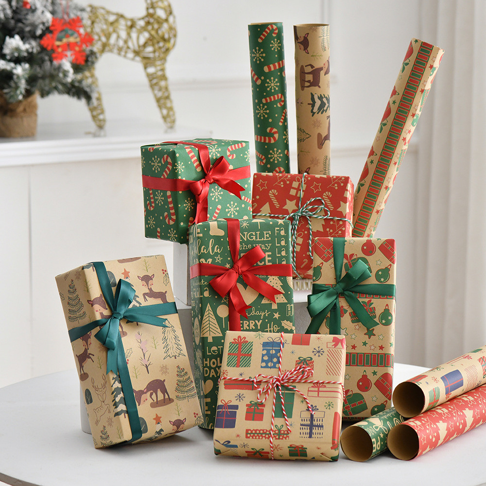 กระดาษคราฟท์สไตล์ย้อนยุค กระดาษห่อคริสต์มาส Elk Deer Snowflake Christmas Tree Print