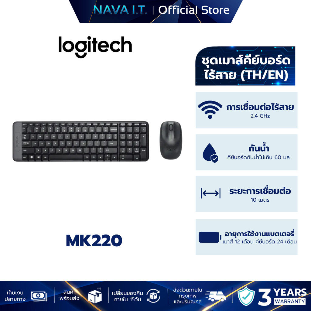 LOGITECH MK220 KEYBOARD MOUSE WIRELESS คีย์บอร์ดและเมาส์ไร้สาย คีย์ TH/EN