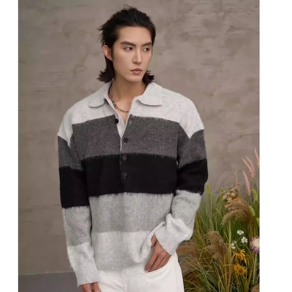 เสื้อกันหนาวผู้ชายแฟชั่น All-Match Simple Loose Retro Contrast Color Polo Collar Sweater