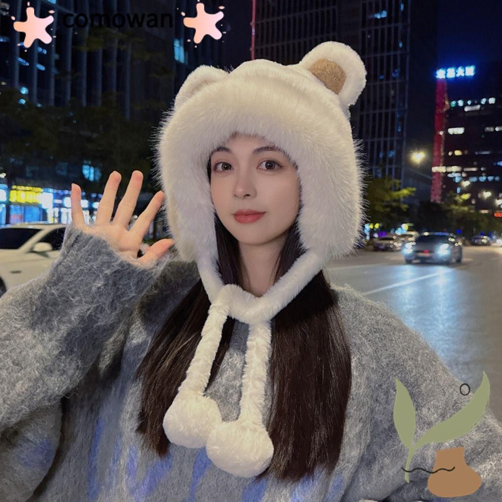 โคโรวัน หมวกหูหมี, หมวกทําด้วยผ้าขนสัตว์ฤดูหนาวที่อบอุ่น, กํามะหยี่น่ารักปักป้องกันหูถังหมวกผู้หญิง
