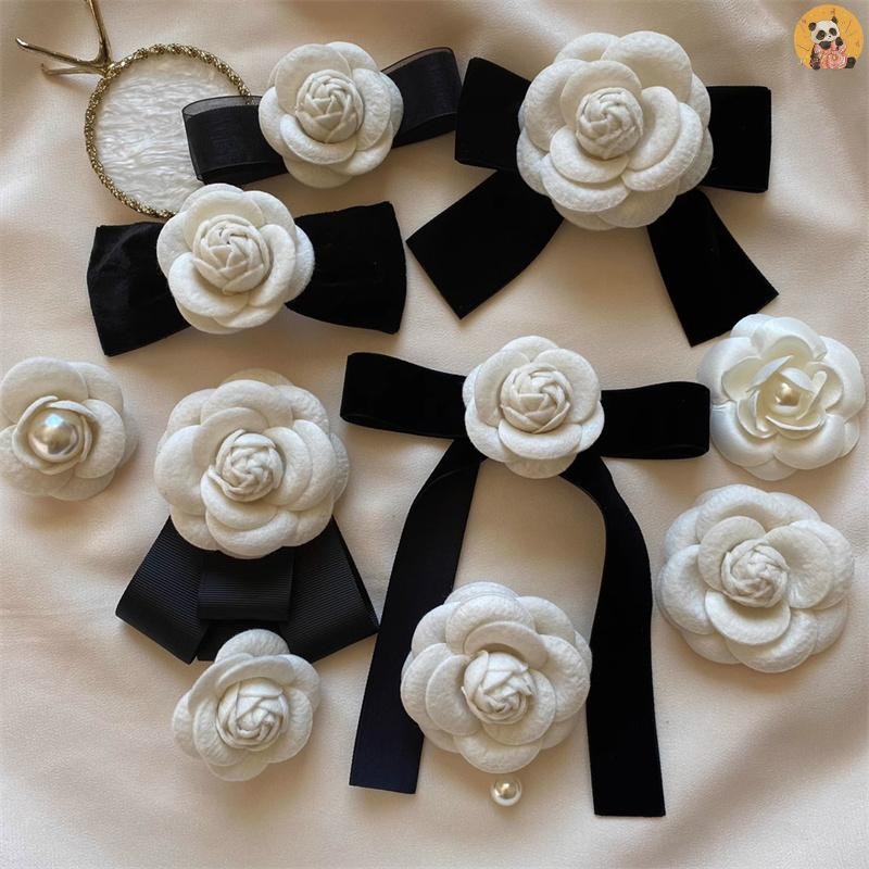 [CO] ใหม่ผ้า Camellia ดอกไม้เข็มกลัดกํามะหยี่ Bow Tie สุภาพสตรีสไตล์วิทยาลัยเสื้อ Collar Pins Vintag