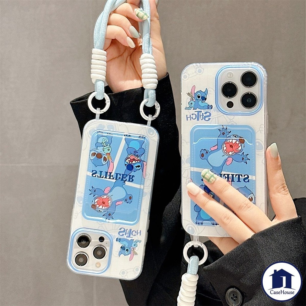 เคสแบบนุ่มพร้อมสายคล้องสำหรับใส่บัตร Stitch สุดน่ารัก เข้ากันได้กับ IPhone 7Plus 13 15 14 12 11 Pro Max XR X 16Pro XS SE
