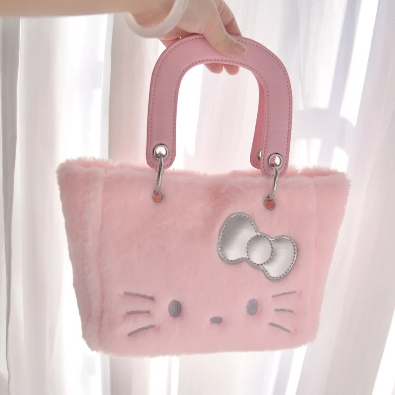 Hello Kitty กระเป๋าถือสีชมพู50TH ครบรอบเดียวกัน Soft FURY กระเป๋า Tote กระเป๋าน่ารัก Hello Kitty ผู้หญิงกระเป๋าวันเกิด Xmas Gift