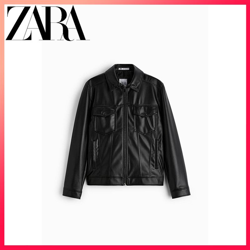 ZARA ซาร่า ฤดูใบไม้ร่วงและฤดูหนาวใหม่เสื้อแจ็คเก็ตหนังหลายกระเป๋าปกหลวมของผู้ชาย
