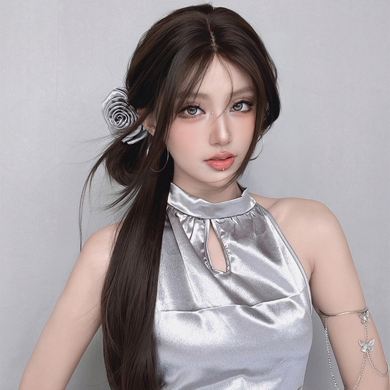 7jhh WIGS วิกผม SZ2106 หญิงผมยาวตรงลูกไม้แบนทอมือ Amber สีดําเต็มหมวกเส้นใยเคมีจําลองผมตรง