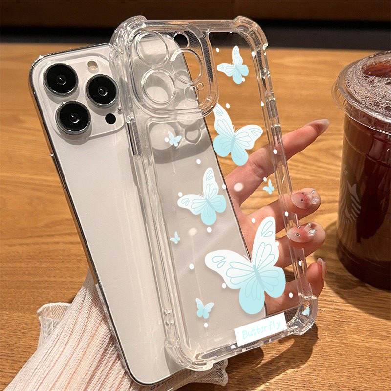 นิ่มกันกระแทกเคสโทรศัพท์ เคสสำหรับ เคส iphone 11 เคสไอโฟน 13 14 15 12 XR 7 8 6 Plus X XS 15 Pro MAXแมลงปอสีฟ้าและสีขาวไล