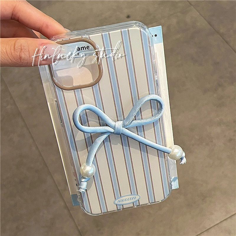 Ins สไตล์ลาย Stereoscopic Pearl Bow รูขนาดใหญ่ทาสี Drop ทนเคสโทรศัพท์ IPhone สําหรับ 11/12/13Pro 7/8 Plus XSMAX IPhone14/15Promax 16 X/xs XR
