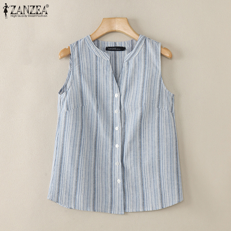 Zanzea เสื้อกั๊กแขนกุดคอวีลายทางสีสันสดใสเกาหลีสําหรับผู้หญิง