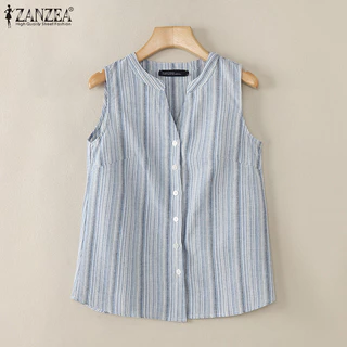 Zanzea เสื้อกั๊กแขนกุดคอวีลายทางสีสันสดใสเกาหลีสําหรับผู้หญิง