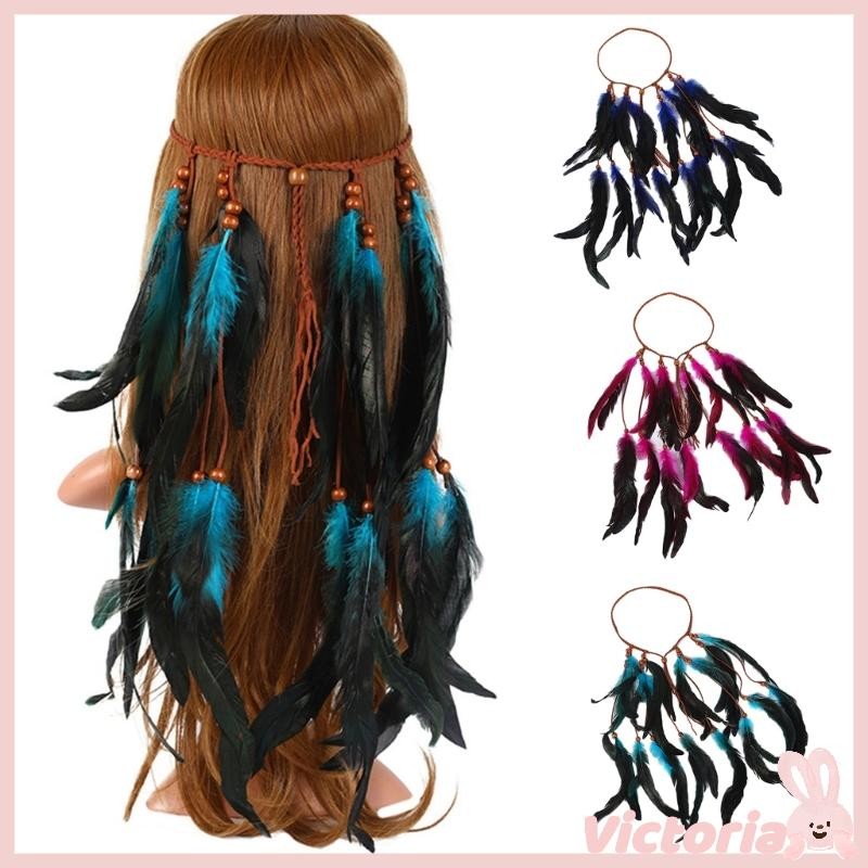 Vic Feathers ที่คาดผมอินเดีย Headpiece Bohemian Tassels Headwear พร้อมลูกปัด