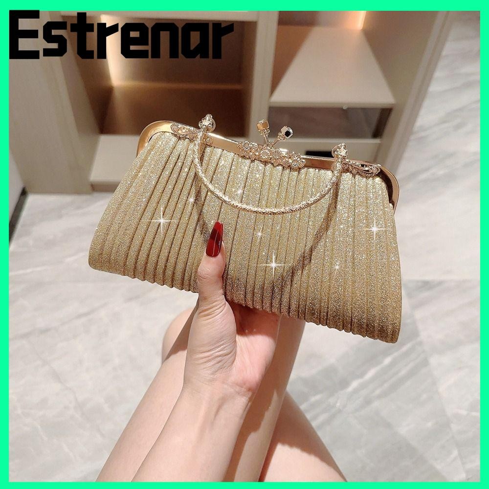 Estrenar Bowknot Evening Bag, กระเป๋าสะพายโซ่เลื่อมสีทอง, กระเป๋าแฟชั่นสําหรับงานแต่งงาน