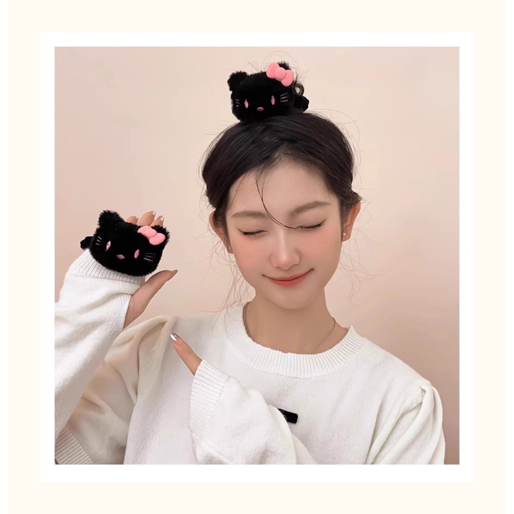น่ารักสีดําสีชมพูสีตุ๊กตาคิตตี้แมวหัวตุ๊กตาเชือกสาวหวานผูกผมหางม้าขัดแหวนผม - รูปที่ 5
