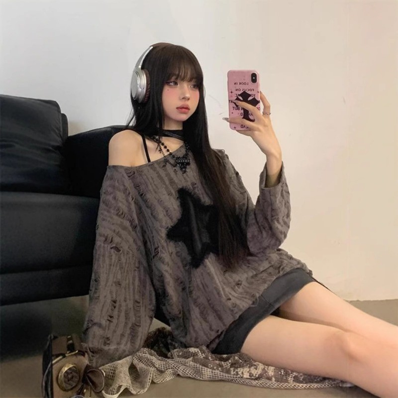 IELGY สไตล์อเมริกันสีเทาเสื้อยืดผู้หญิงขาดหลวมแขนยาวด้านบน - รูปที่ 2