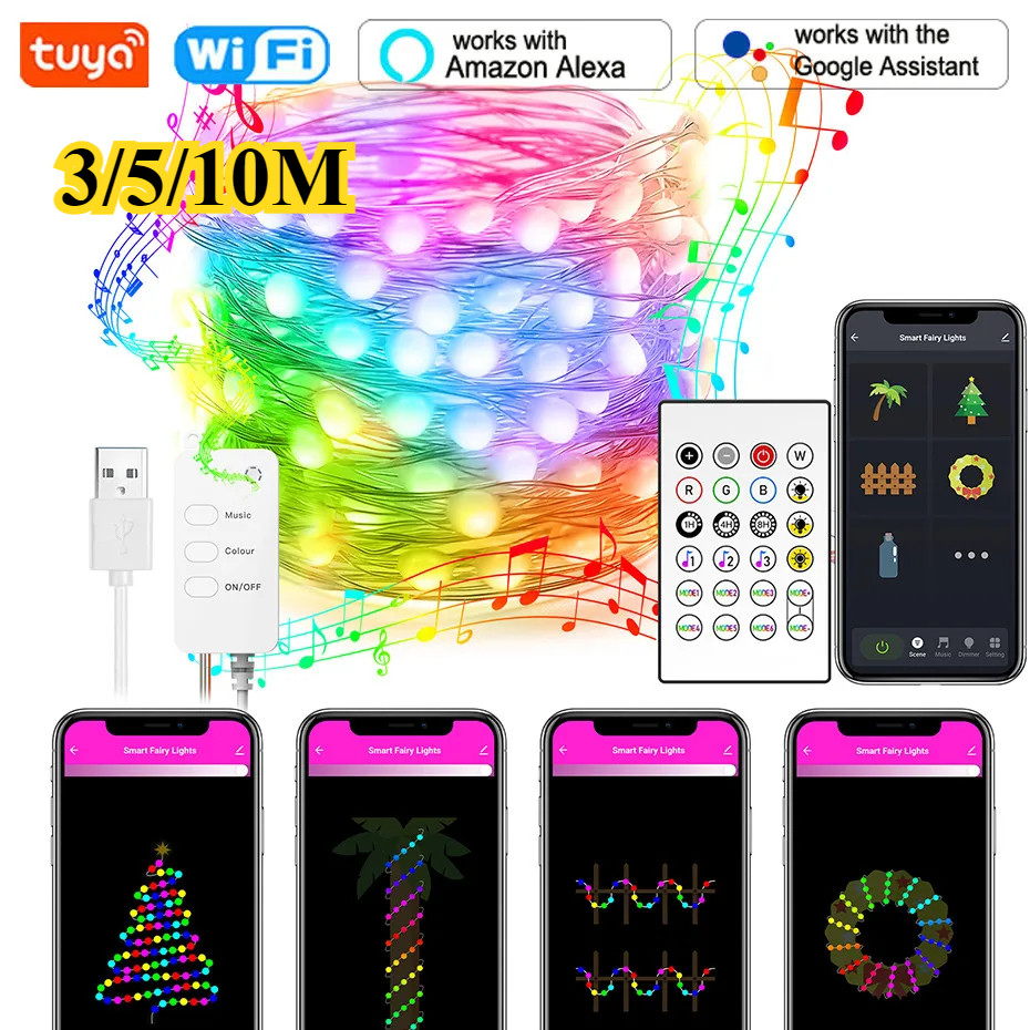3/5/10m LED Strip Light Dream สี RGB เทป Ambient โคมไฟตกแต่ง Tuya Wifi เพลง Sync USB 5V Smart Life App ทํางานร่วมกับ Alexa Google Home