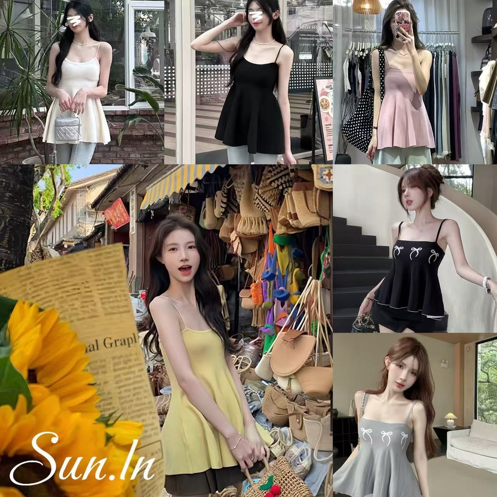 SUN พร้อมส่ง เสื้อสายเดี่ยวไหมพรมผู้หญิง เข็มขัดแขวนเล็กๆสไตล์เกาหลีเซ็กซี่และน่ารัก