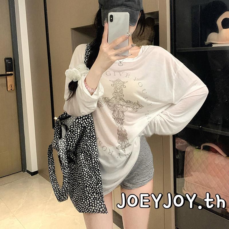 Joeyjoy-เสื้อยืดแขนยาวผู้หญิงคอลูกเรือพิมพ์ตัวอักษรข้ามปกท็อปส์ฤดูร้อน