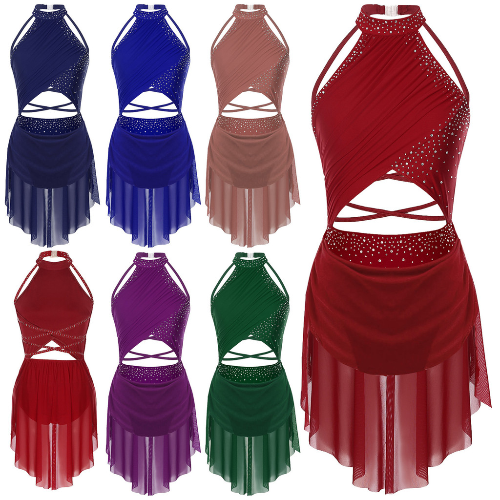 ผู้ใหญ่ผู้หญิงละตินแจ๊สเนื้อเพลงชุดเต้นรํารูปสเก็ต Cutout Strappy กลับตาข่าย Overlay Leotard ชุด