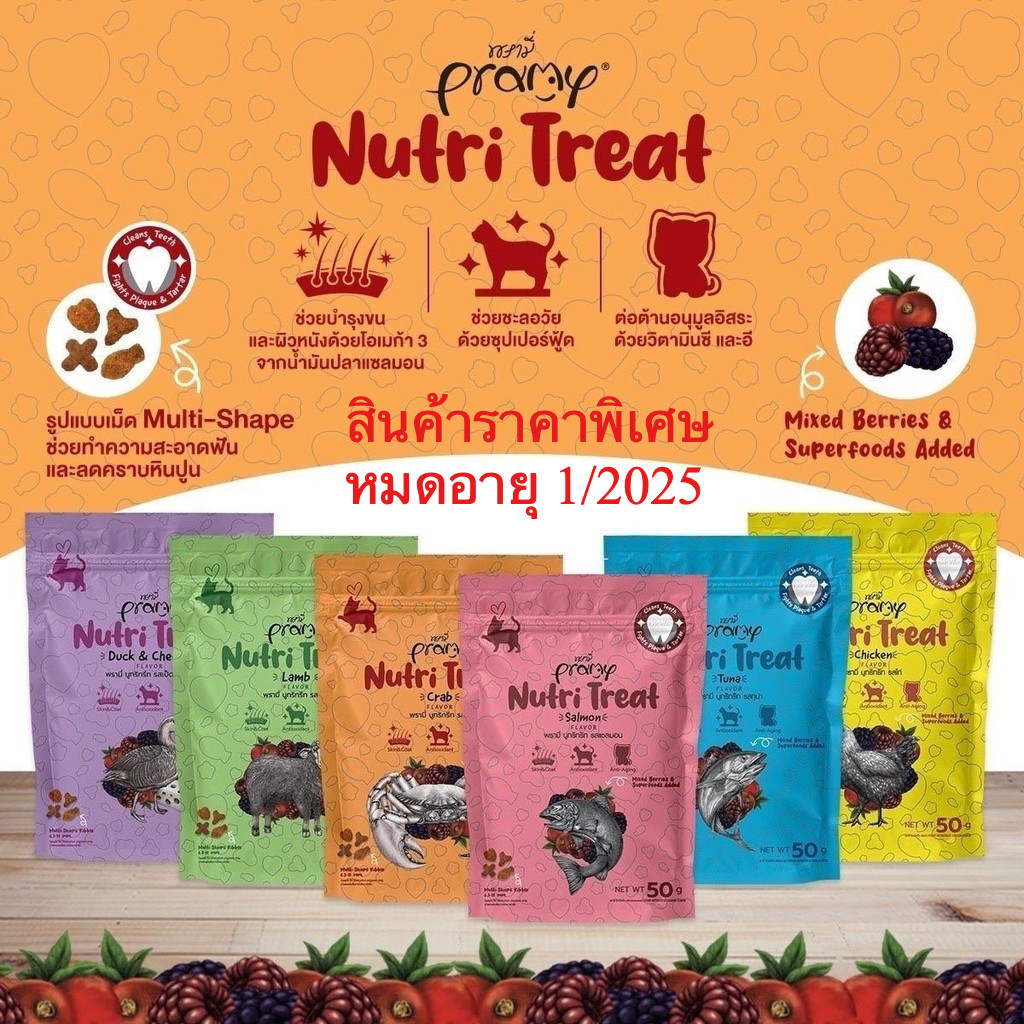 EXP:1/2025 Pramy Nutri Treat ขนมแมว ขนมขัดฟันแมว สำหรับแมว 1 ปีขึ้นไป ขนาด 50g