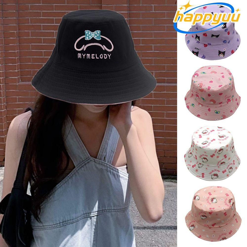 Happyuu Double Sided Bucket Hat, Mymelody Kitty Cat การ์ตูนปานามาหมวก,กลางแจ้งอะนิเมะ Sanrioed Kuromi น่ารักหมวกชาวประมงสําหรับผู้ชายผู้หญิง