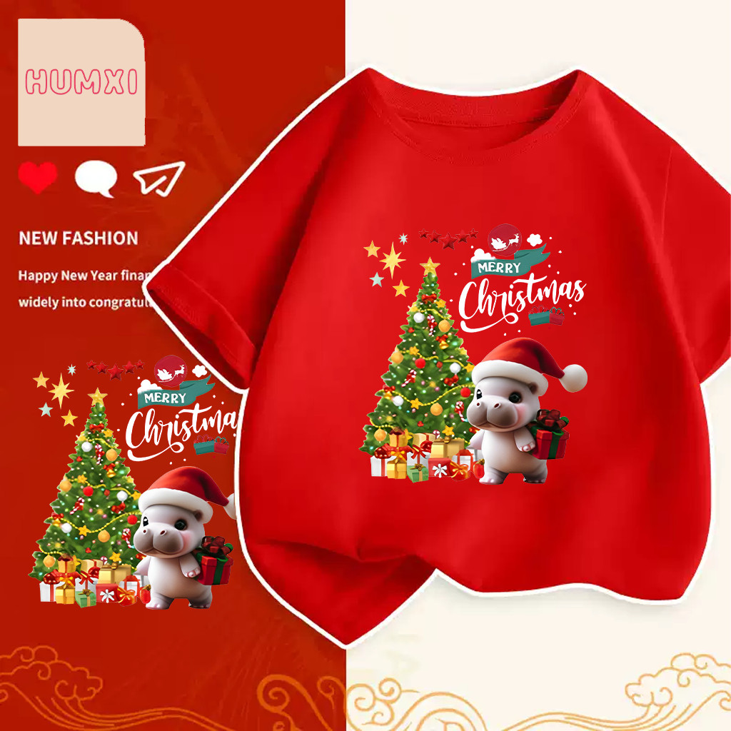 เสื้อคริสมาสต์ Happy New Year & Merry Christmas x Moodeng ลายน่ารักๆ ผ้า Cotton ใส่สบาย สีสันสดใส ขนาด S-5XL 100-150cm