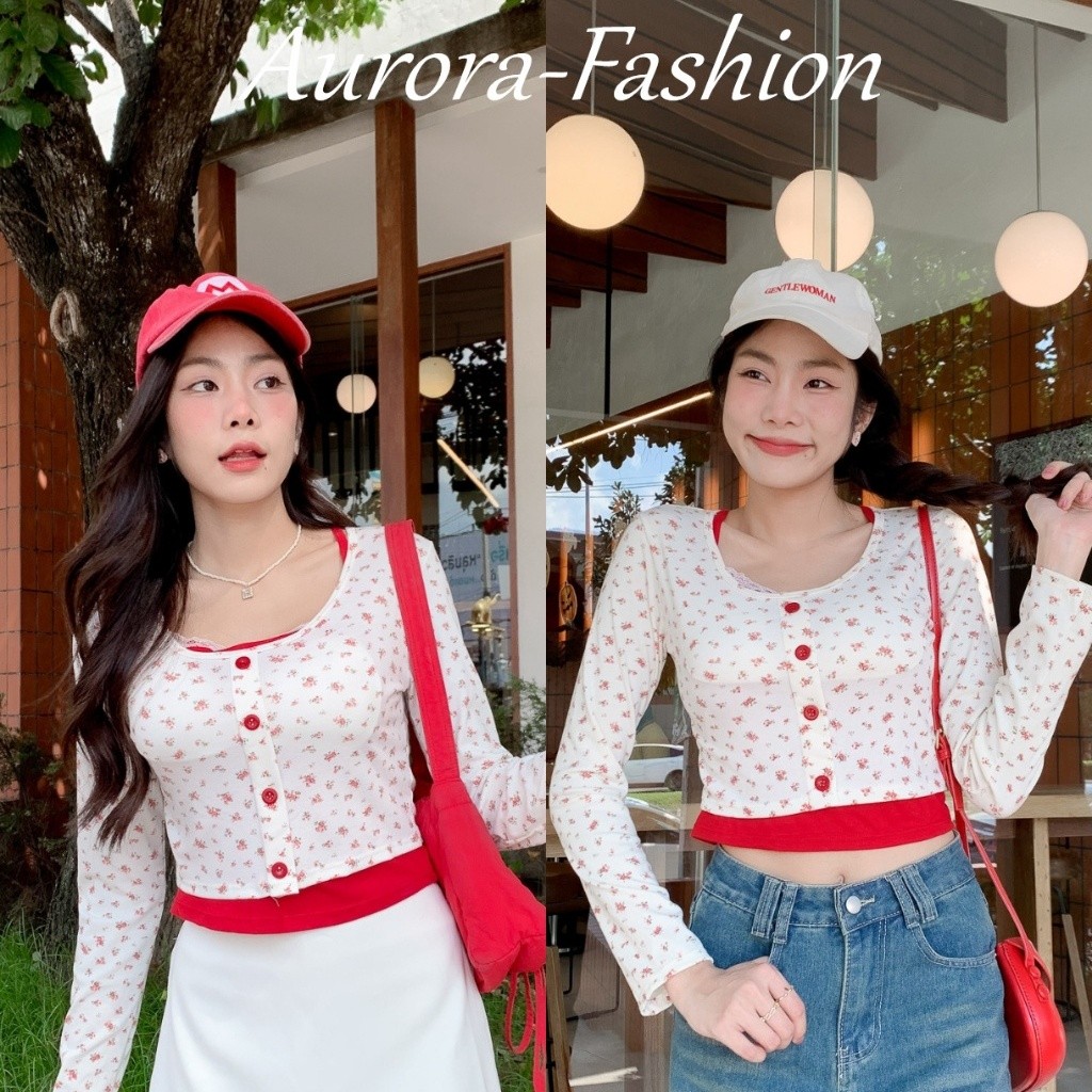 Aurora พร้อมส่ง (รูปถ่ายจากงานจริง) แขนยาว สลิงเล็กอินเทรนด์หญิง สั้นชุดสองชิ้นหวานและเผ็ดไ ลายดอกไม้