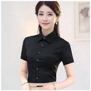 เสื้อเชิ้ตแขนยาวทางการธุรกิจสําหรับทํางานและสํานักงาน คอปกสีทึบ แบบสลิมฟิตสำหรับผู้หญิง