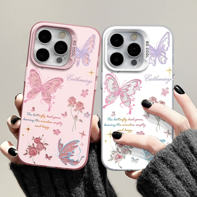 สําหรับ XIAOMI redmi 13 9C 9A 10A 10C 13C NOTE 11 9 10 12 11 LITE เคสโทรศัพท์มือถือชุบโลหะแบบนิ่มลายการ์ตูนผีเสื้อสีชมพู