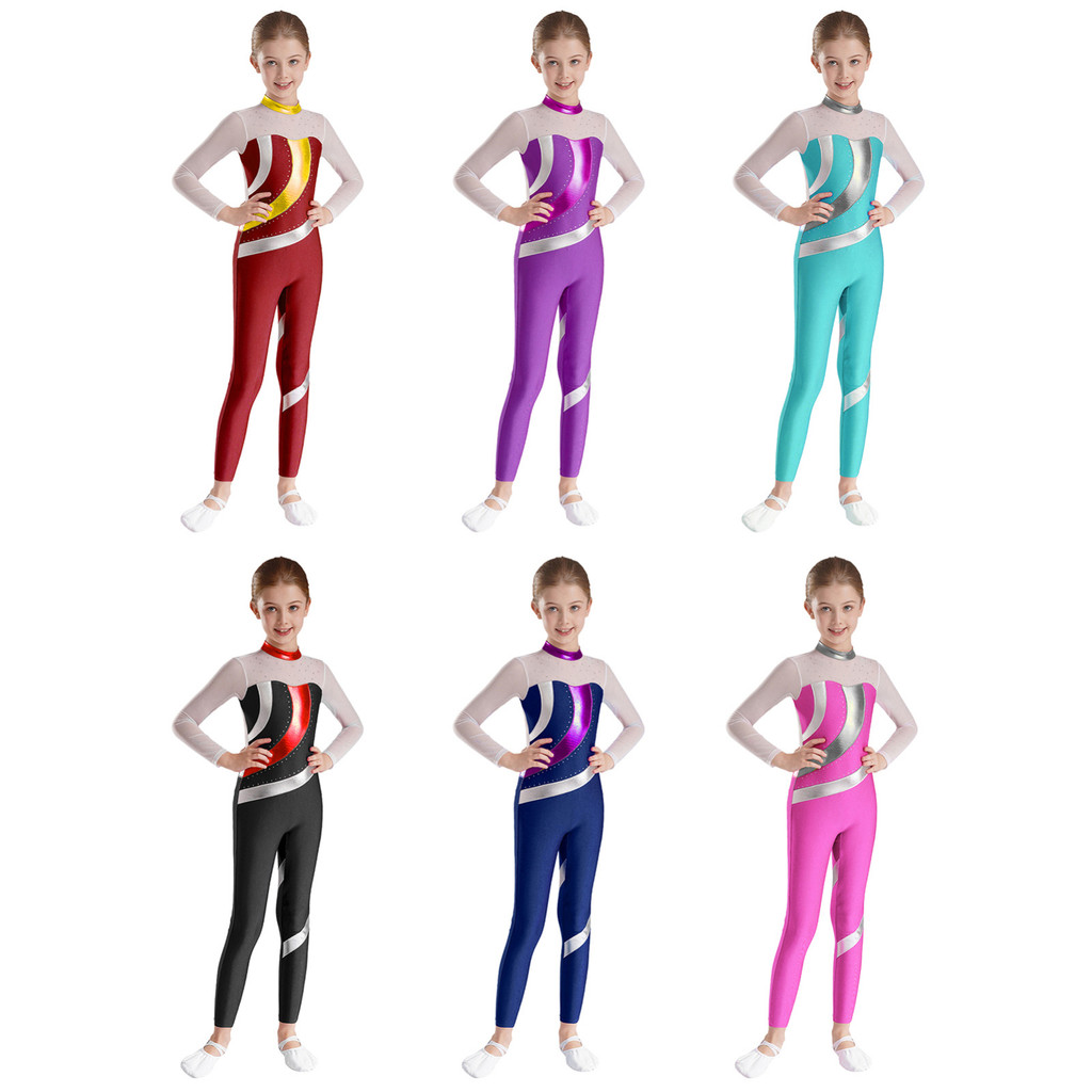 Manyakai เด็กสาว Metallic Contrast สี Jumpsuit Shiny Rhinestones Sheer ตาข่าย Patchwork แขนยาวความยาวเต็มบอดี้สูทสําหรับยิมนาสติกรูปสเก็ตเต้นรําประสิทธิภาพ