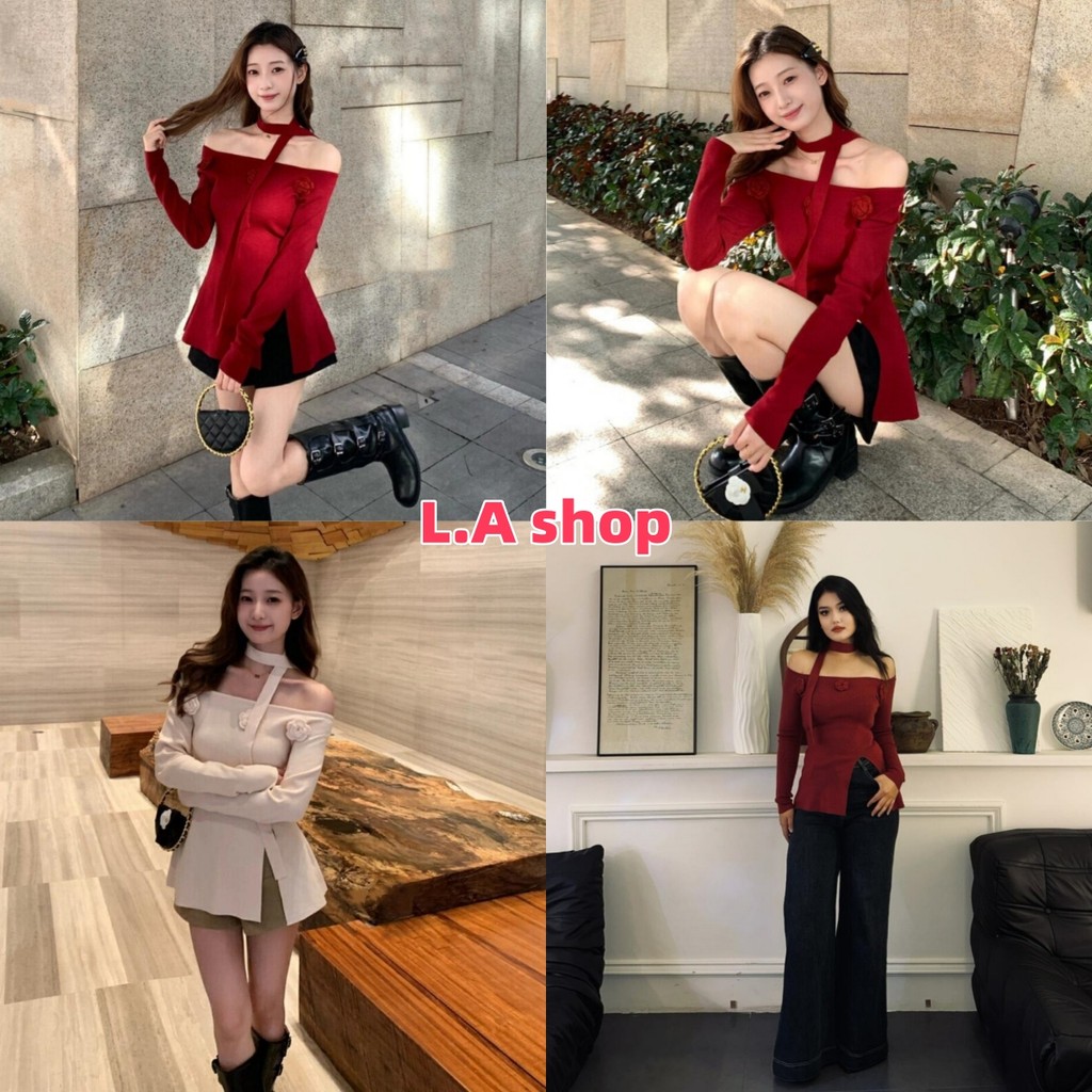 L.A Shop สไตล์ใหม่ เสื้อเปิดไหล่ไหมพรมน่ารักมากๆ แขนยาว ผ้าร่องยิดกำลังสีสดใส "MX065"