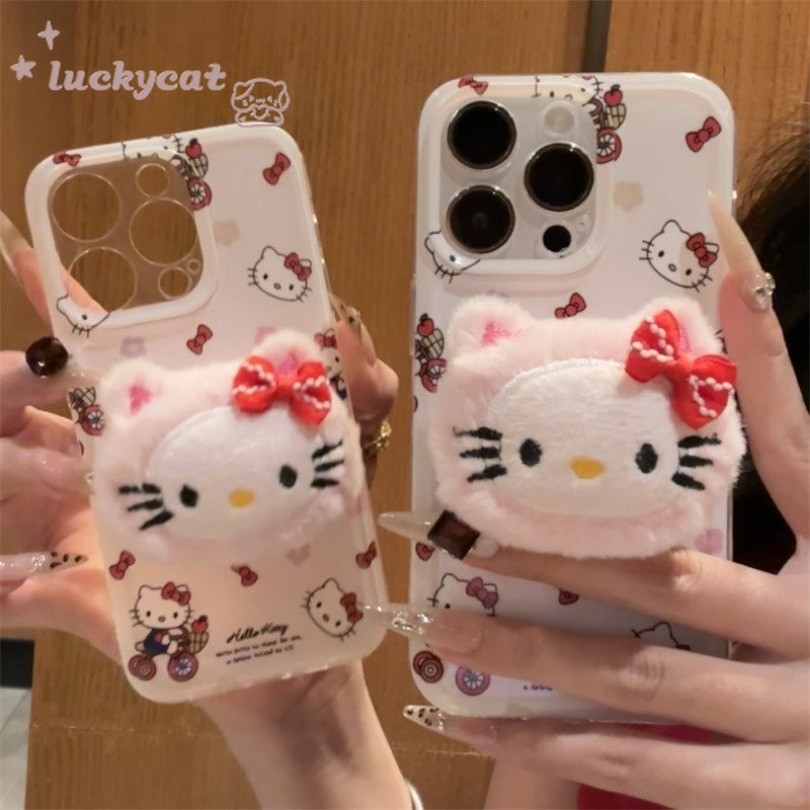 Iphone 16 15 14 13 12 11 Pro Max X XR XS Max 7 8 Plus SE2020 เคสโทรศัพท์น่ารัก Red Bow Plush KT Cat Clear Soft + Stand Cover