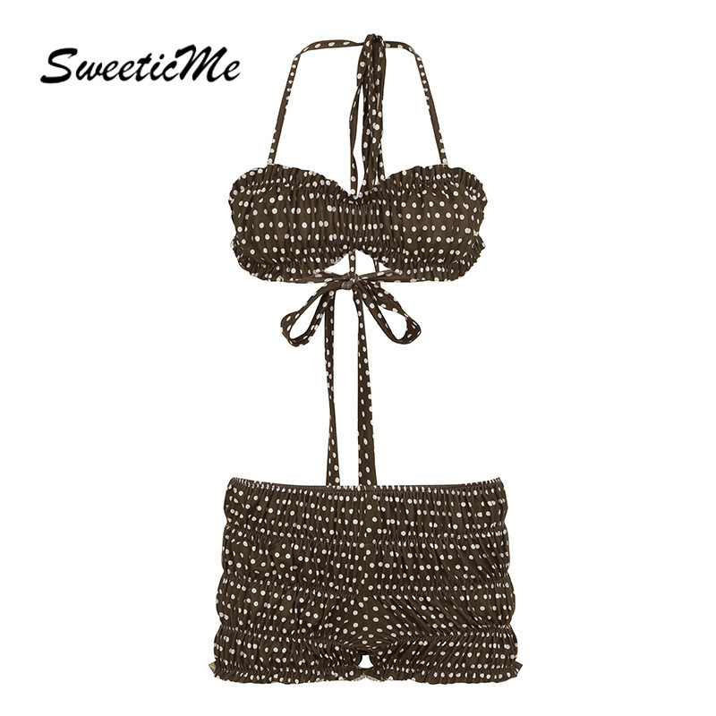 SweeticMe ผู้หญิง 2025 ใหม่แฟชั่นเซ็กซี่ Polka Dot พิมพ์ Crinkle Halter Causal วันหยุดบิกินี่ชุดสองชิ้น