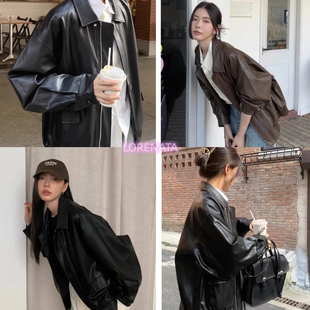 (การจัดส่งจากกรุงเทพฯ) LORENATA  แจ็คเก็ตหนังมีสไตล์ ใหม่ เสื้อผ้าผู้หญิงเกาหลี รถจักรยานยนต์หลวม เสื้อแจ็กเกต-Q173