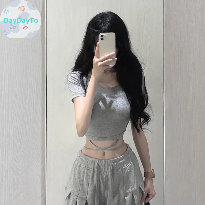 Daydayto American เซ็กซี่ปักรอบคอแขนสั้น Lace-up Slim เสื้อยืดผู้หญิง Crop Top TH