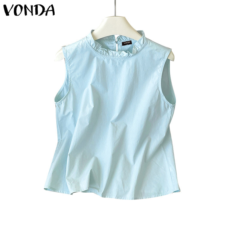 Vonda ผู้หญิงเกาหลีลําลองลูกไม้รอบคอแขนกุดหลวมถัง