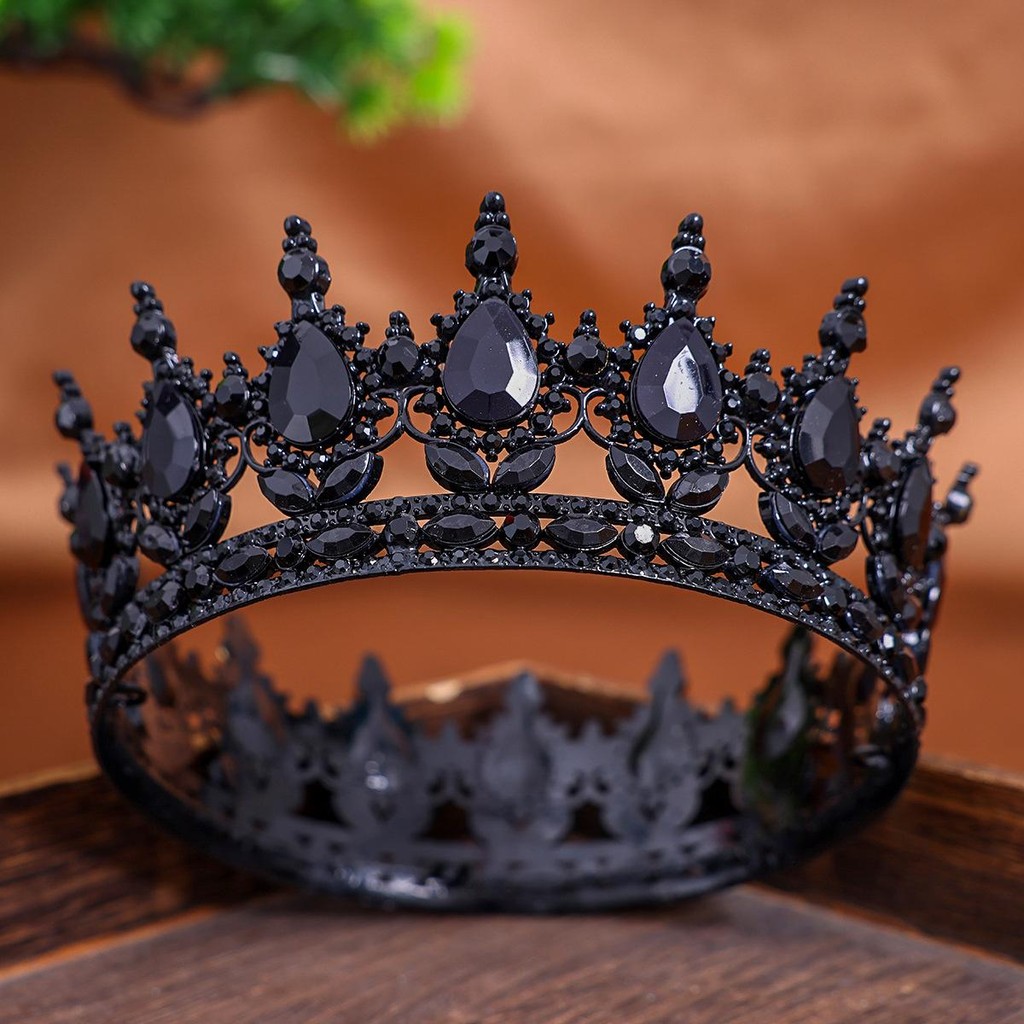Baroque Royal Queen King คริสตัลสีดํา Tiaras Crown ผู้หญิงเจ้าหญิง Prom งานแต่งงาน Tiaras รอบ Diadem เจ้าสาวอุปกรณ์เสริมผม