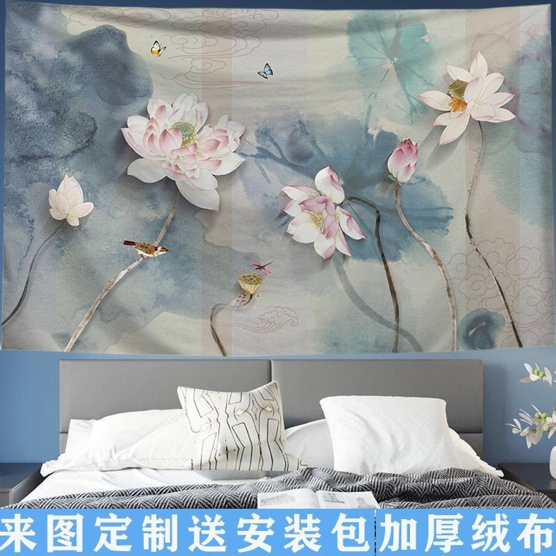 จัดส่งจากไทย] ผ้าพื้นหลังดอกบัวจีนย้อนยุค Agirl ผ้าแขวน ผ้าตกแต่งห้องนั่งเล่น ผ้าแขวนภาพวาด ห้องพัก ตกแต่งหอพัก ผ้าพื้นหลังผนัง ผ้าทอ - รูปที่ 3
