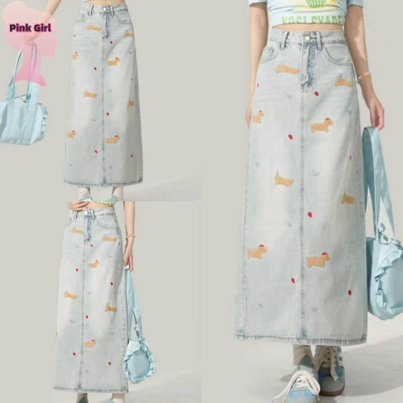 💋Pink girl💋​พร้อมส่ง กระโปรงยีนส์ เอวสูง ลายน่ารัก สีฟ้าอ่อน ใส่สบาย' 88055-NZ
