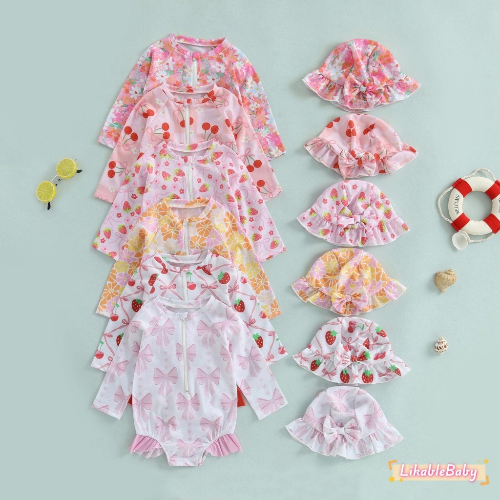 เด็กทารกหญิง Ruffled Zip Up แขนยาวลูกเรือคอ Rash Guard ชุดว่ายน้ําพร้อมหมวกชุด