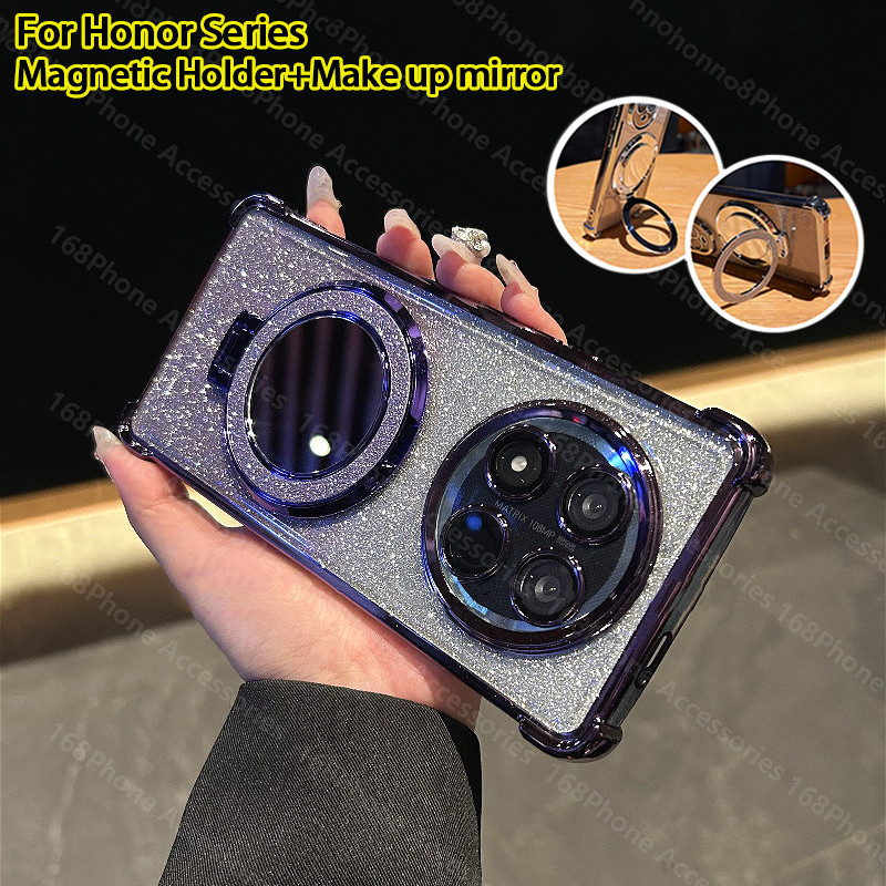 Honor X9C X9B X9A 5G Casing Honor X9C 200 Smart Magic 7 Pro Casing Clear Jelly เคสกันกระแทก Glitter luxury พร้อมกล้องเลนส์ Cover Protector make-up mirror Phone holder Stand Ele
