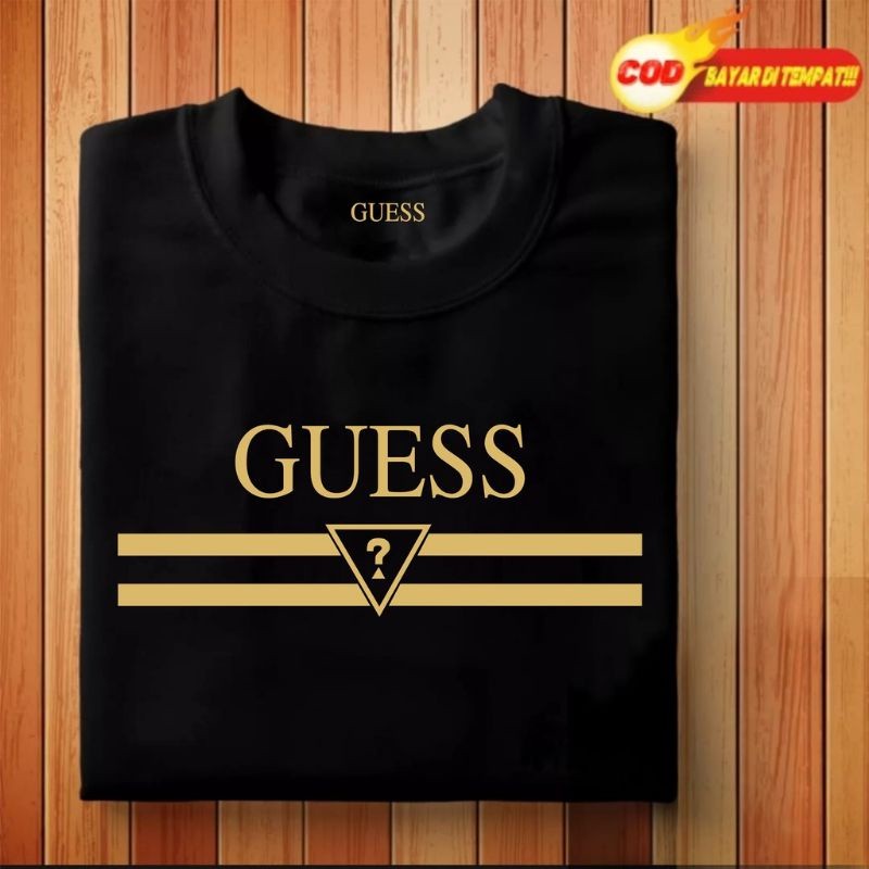 Guess Simple Letter โลโก้พิมพ์เสื้อยืดผู้ชายผู้หญิงสไตล์เดียวกันเสื้อยืดป้ายคอ + Tag